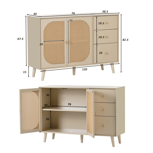 Aparador baixo com 2 portas e 3 gavetas - portas em rotim - Creme