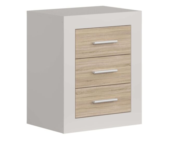 Mesita Sara de Dormitorio Estilo Nórdico en Roble Sonoma y Kashmir con 3 Cajones 50x60x35 cm
