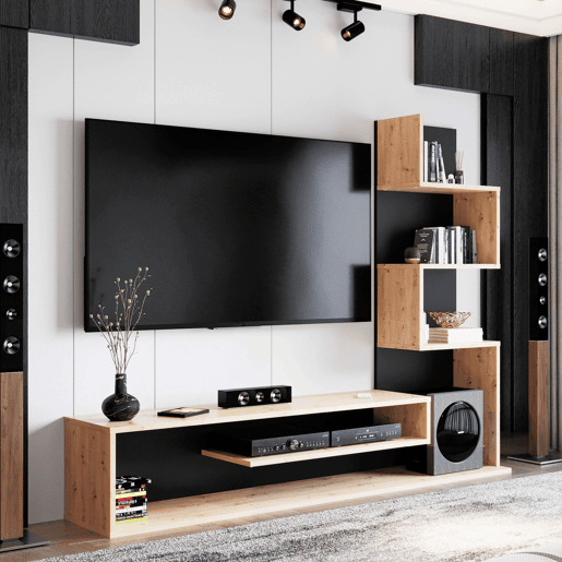 Móvel de TV Snake estilo industrial para sala de estar e sala de jantar em carvalho artesanal e preto com 4 prateleiras 160x130x29 cm
