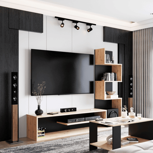Móvel de TV Snake estilo industrial para sala de estar e sala de jantar em carvalho artesanal e preto com 4 prateleiras 160x130x29 cm