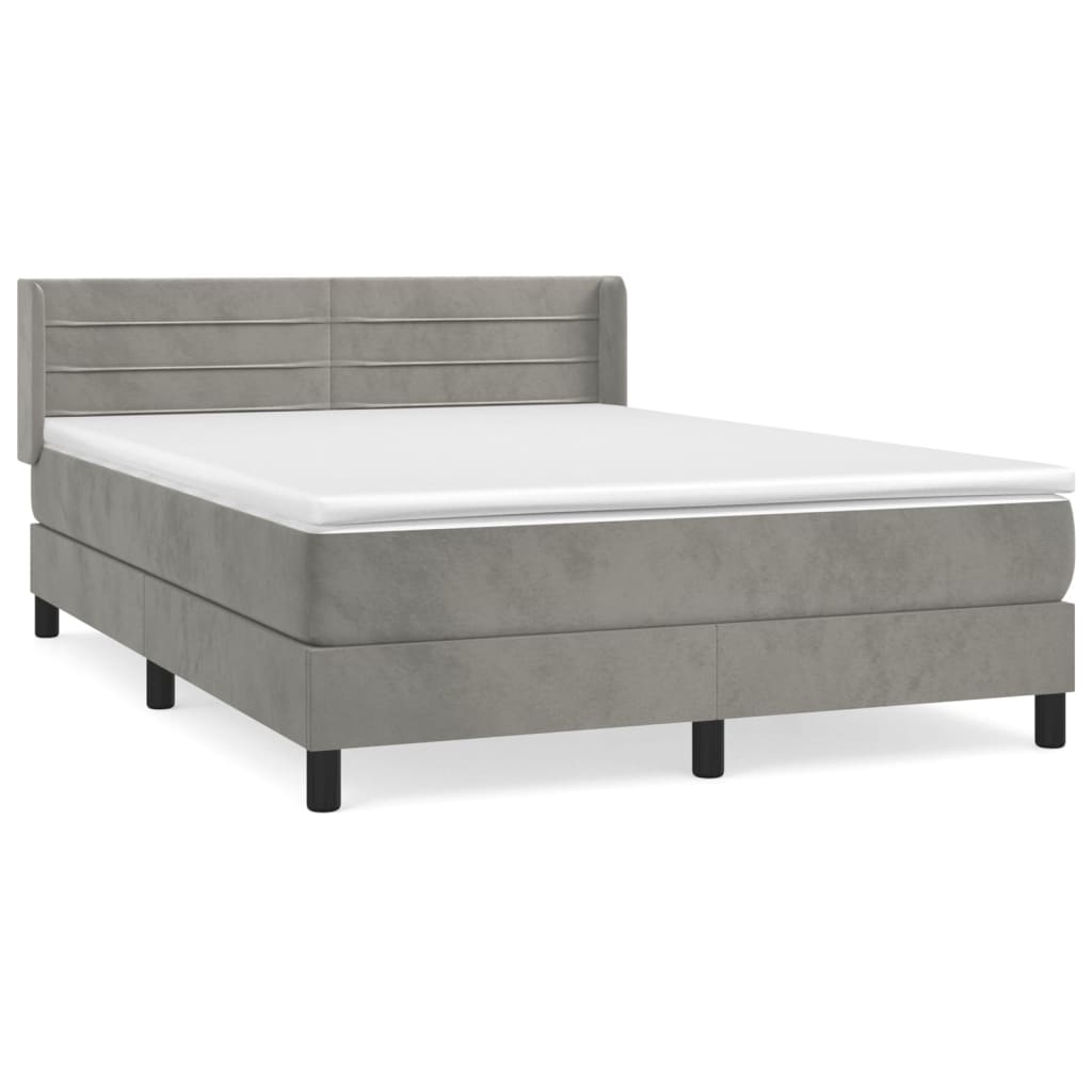 Cama box spring con colchón terciopelo gris claro 140x190 cm rayas horizontales