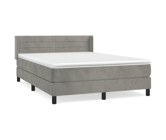 Cama box spring con colchón terciopelo gris claro 140x190 cm rayas horizontales
