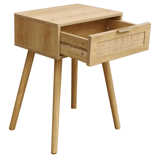 Mesa de cabeceira estilo natural Frisa em cor pinho e rattan com 1 gaveta 40x52x30 cm