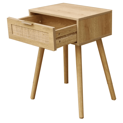 Mesa de cabeceira estilo natural Frisa em cor pinho e rattan com 1 gaveta 40x52x30 cm