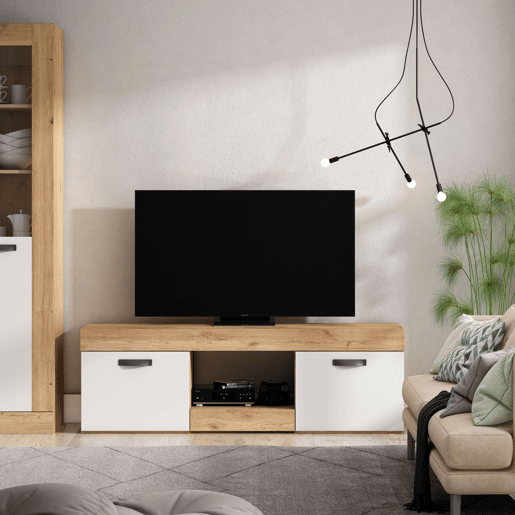 Mesa de TV Argos 2, Branca e Natural, 2 Portas, Sala de Estar, Sala de Jantar, Módulo Estilo Moderno, 49x150x40 cm