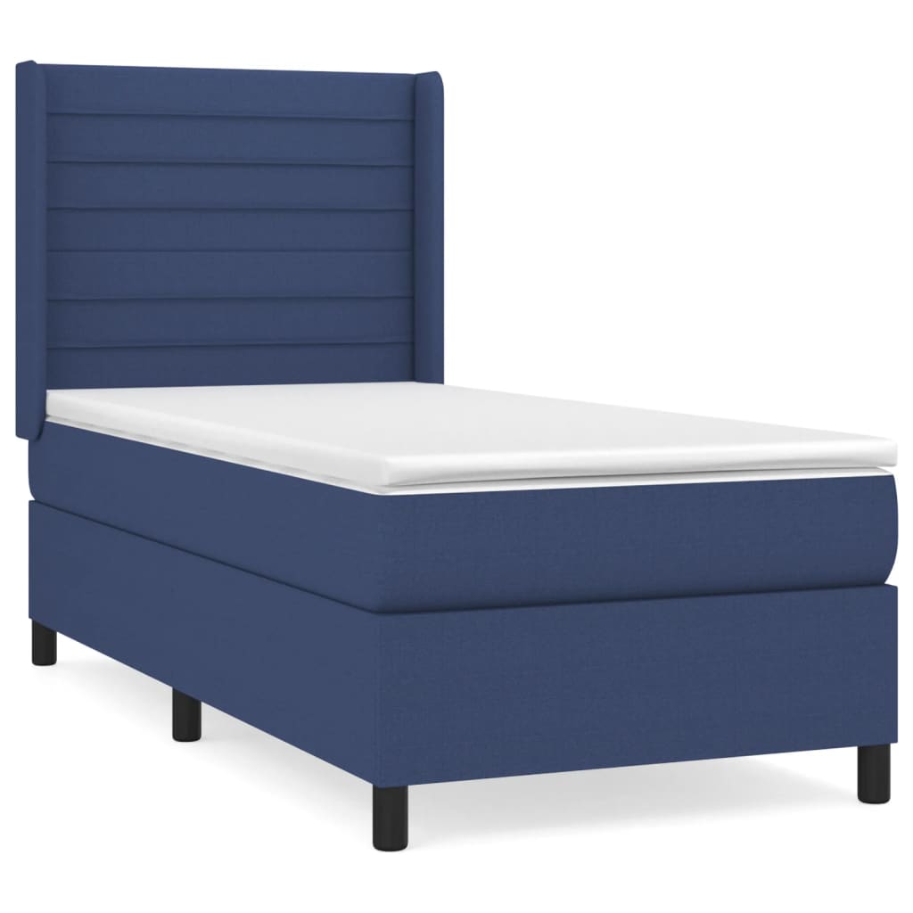 Cama box spring con colchón tela azul 100x200 cm rayas horizontales