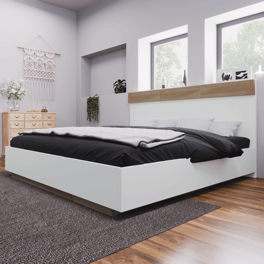 Cama para adultos 180x200 cm - cama flutuante com estrado de ripas - estrutura de madeira - branco