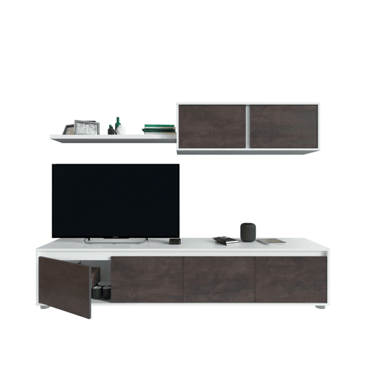 Pacote de móveis para sala de estar em estilo industrial em branco e ferrugem com módulo de TV, mesa de centro e mesa de jantar