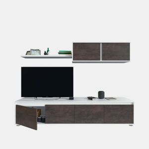 Pacote de móveis para sala de estar em estilo industrial em branco e ferrugem com módulo de TV, mesa de centro e mesa de jantar