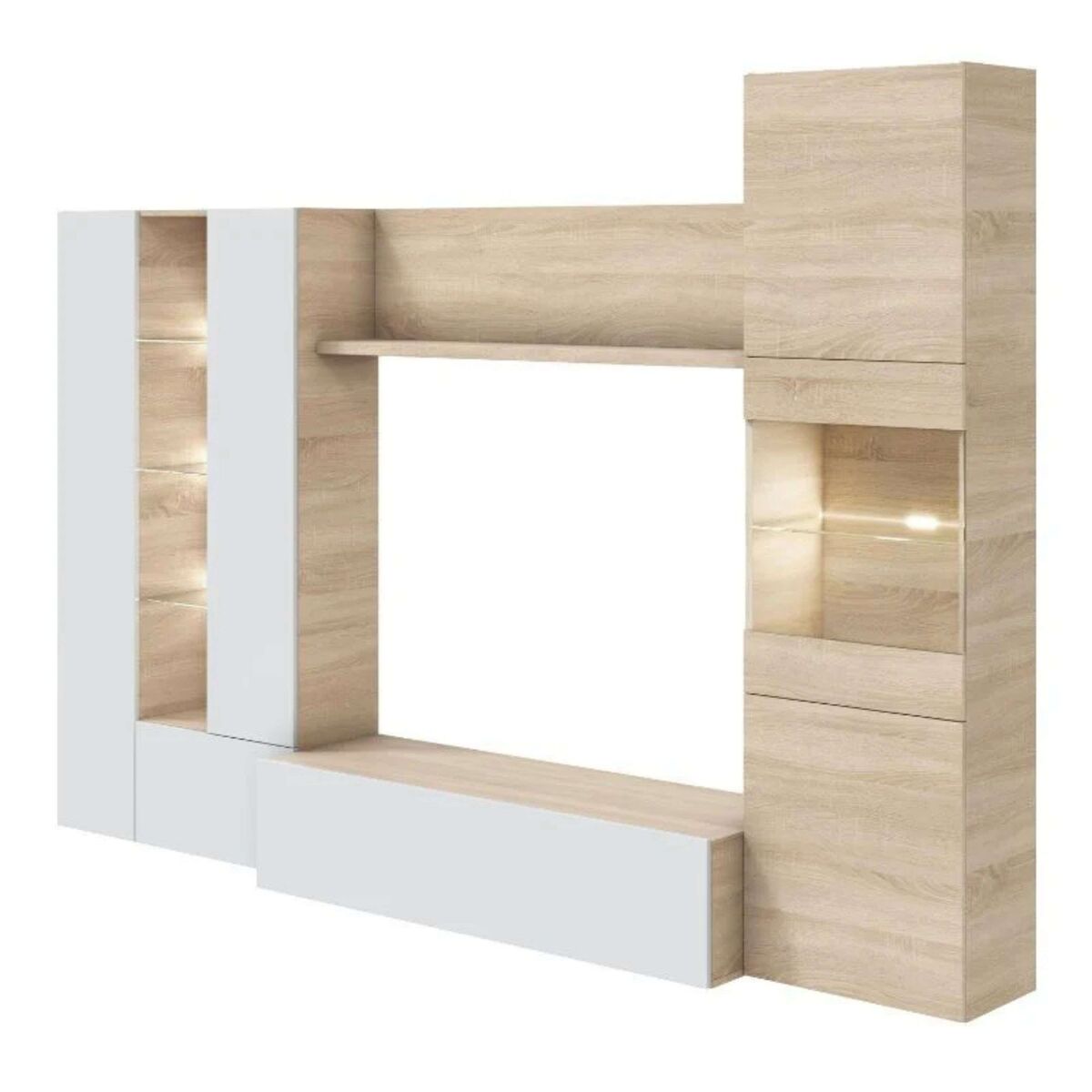 Conjunto salón nórdico con led blanco mate y roble canadian (mueble tv + mesa comedor extensible + mesa centro abatible)