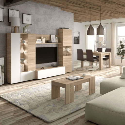 Conjunto de sala de estar nórdica com LED branco fosco e carvalho canadense (armário de TV + mesa de jantar extensível + mesa de centro dobrável) Conjunto de sala de estar nórdica com LED branco fosco e carvalho canadense (armário de TV + mesa de jantar extensível + mesa de centro dobrável)