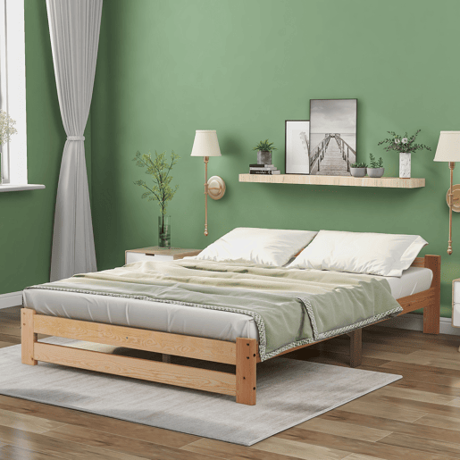 Cama individual de madeira maciça 140x200cm com cabeceira e estrado de molas - Natural