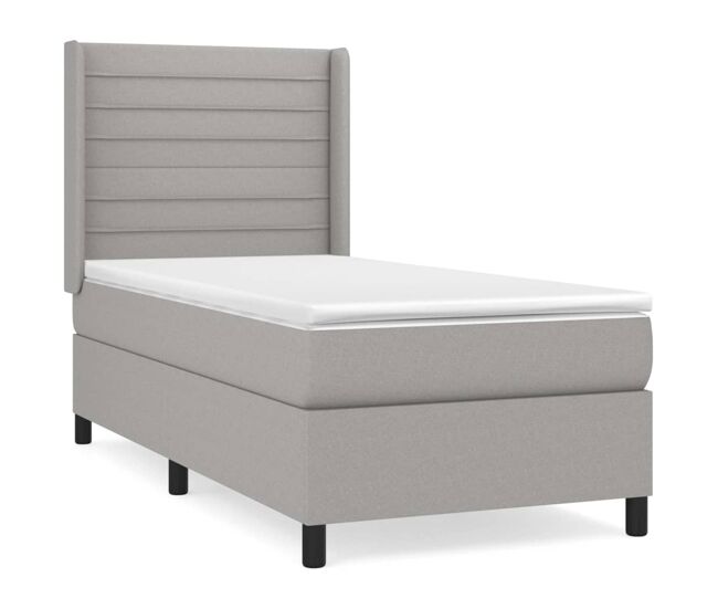 Cama box spring con colchón tela gris claro 90x190 cm rayas horizontales