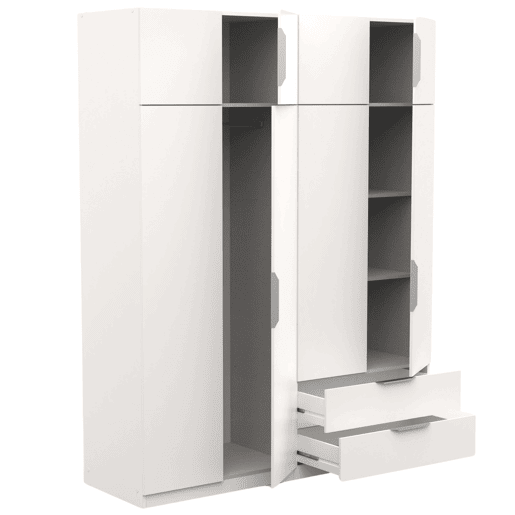 Guarda-roupa grande Ghost, closet com diferentes compartimentos, 8 portas e 2 gavetas, branco fosco ou carvalho Kronberg ou em branco e carvalho 203x158x51 cm