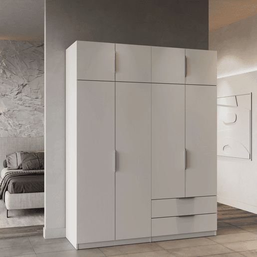 Guarda-roupa grande Ghost, closet com diferentes compartimentos, 8 portas e 2 gavetas, branco fosco ou carvalho Kronberg ou em branco e carvalho 203x158x51 cm