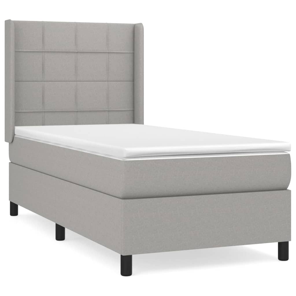 Cama box spring con colchón tela gris claro 90x200 cm bloques con cuadros