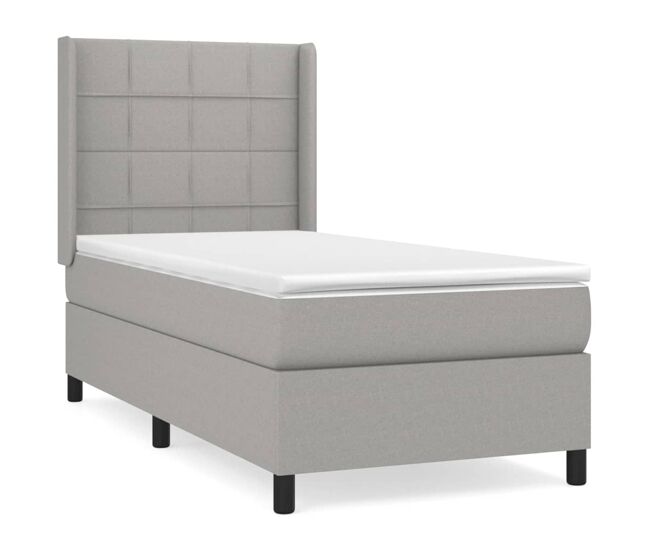Cama box spring con colchón tela gris claro 90x200 cm bloques con cuadros