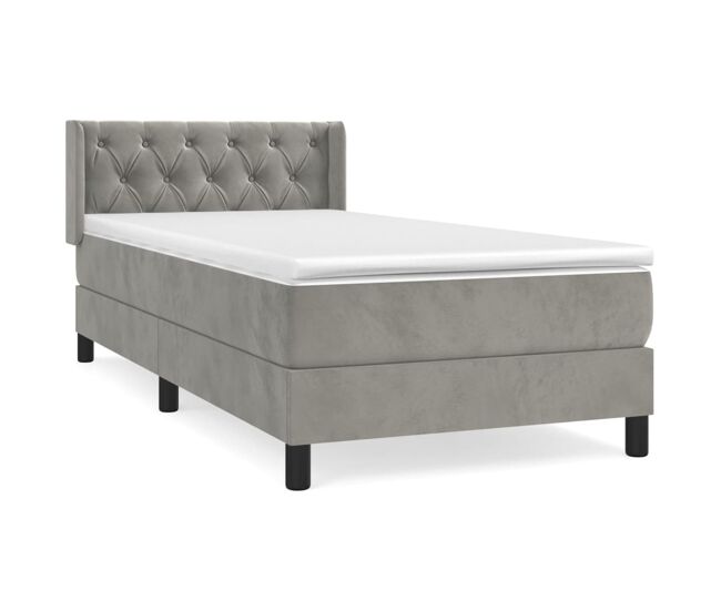 Cama box spring con colchón terciopelo gris claro 80x200 cm diseño de botones