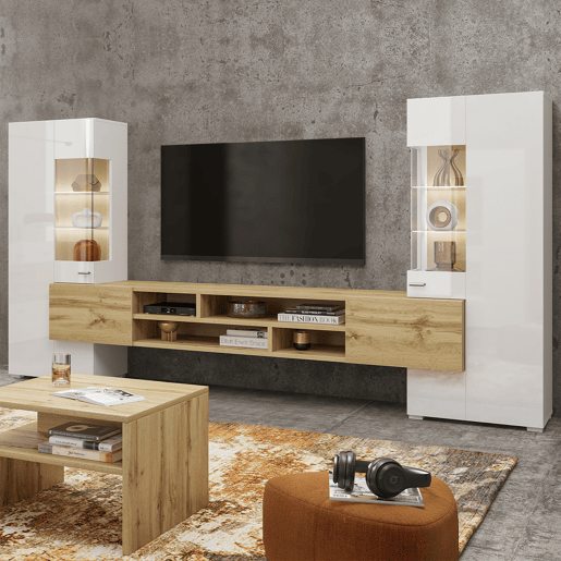 Conjunto móvel TV 2 roupeiros Akram Branco e Madeira