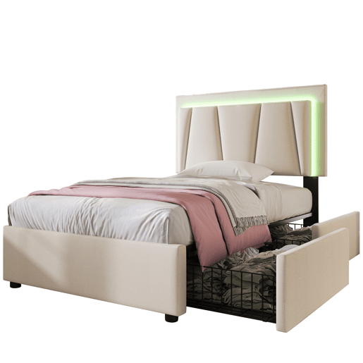 Cama de solteiro de madeira maciça 90x200cm com 2 gavetas e luz LED,bege