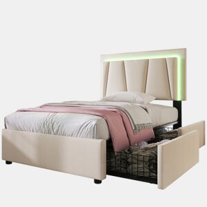 Cama de solteiro de madeira maciça 90x200cm com 2 gavetas e luz LED,bege