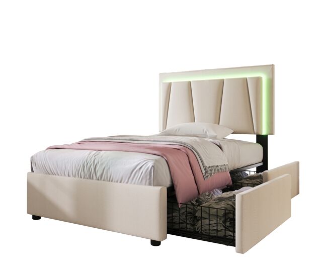 Cama individual de madera maciza 90x200cm con 2 cajones y luz led,beige