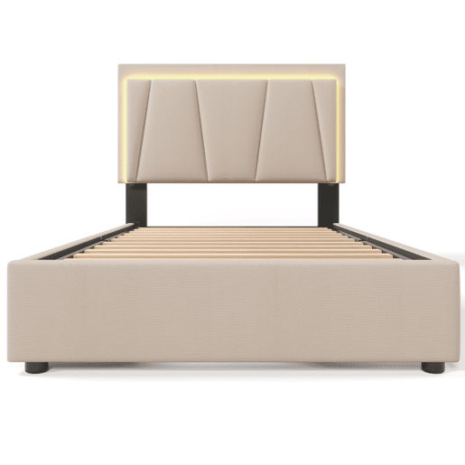 Cama de solteiro de madeira maciça 90x200cm com 2 gavetas e luz LED,bege
