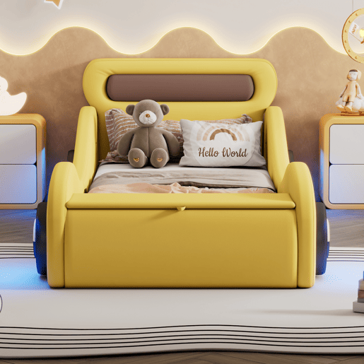 Cama de criança 90x200cm - Cama almofadada em forma de carro com rodas iluminadas - Amarelo