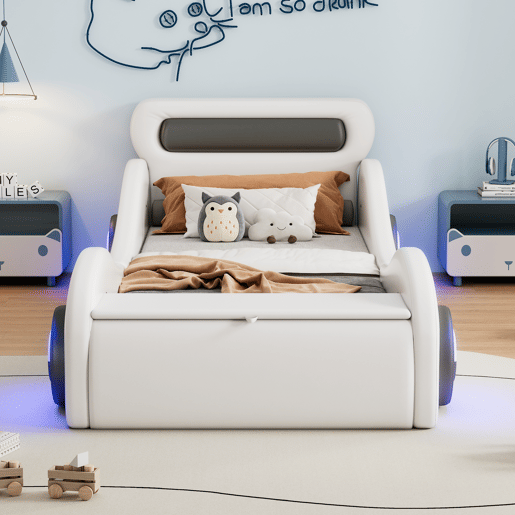 Cama de criança 90x200cm - Cama almofadada em forma de carro com rodas iluminadas - Branco