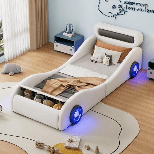 Cama de criança 90x200cm - Cama almofadada em forma de carro com rodas iluminadas - Branco