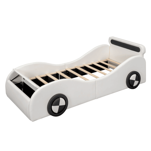 Cama de criança 90x200cm - Cama almofadada em forma de carro com rodas iluminadas - Branco