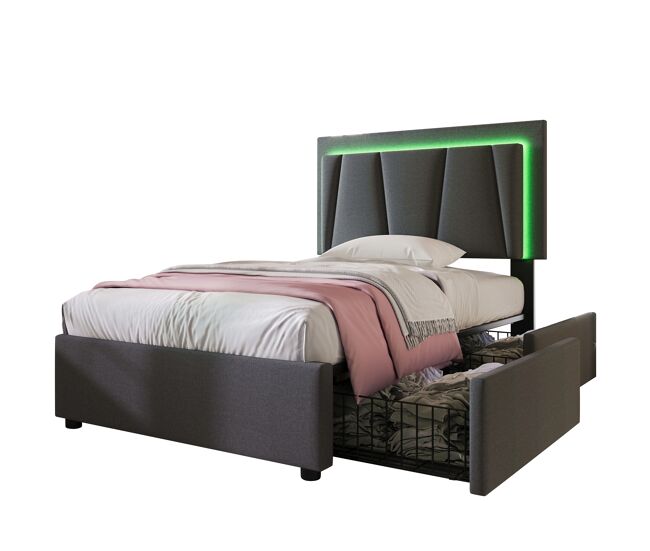 Cama individual de madera maciza 90x200cm con 2 cajones y luz led,gris