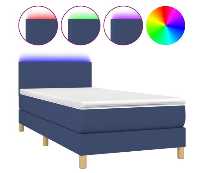 Cama box spring colchón y luces led tela azul 80x200 cm diseño plano