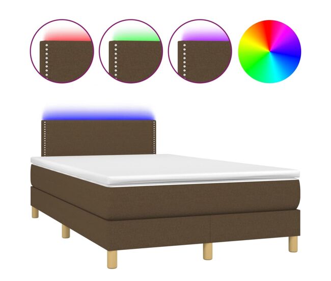 Cama box spring con colchón y led tela marrón oscuro 120x200 cm liso con clavos