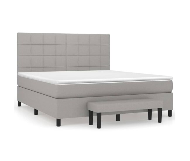 Cama box spring con colchón tela gris claro 160x200 cm bloques con cuadros