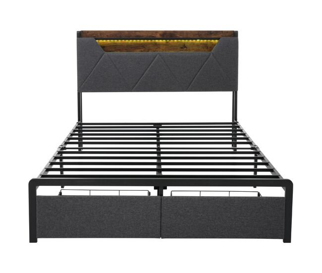 Cama con cajón 160x200cm tapizada en tela de lino - con led y puertos de carga - gris