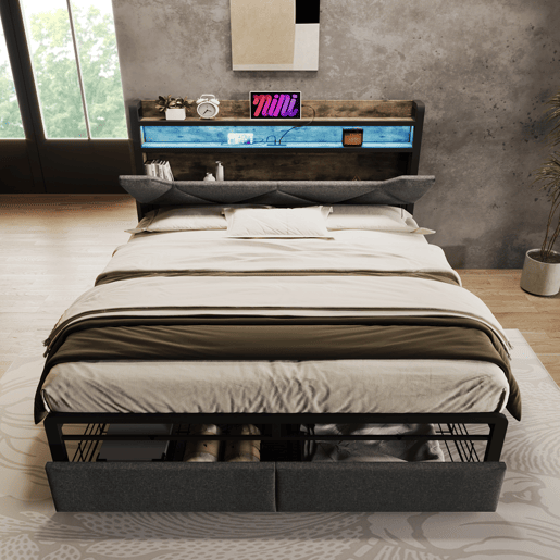 Cama com gaveta 160x200cm estofada em tecido de linho - com LED e portas de carregamento - Cinzento