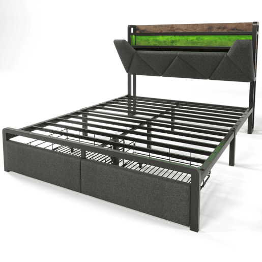 Cama com gaveta 160x200cm estofada em tecido de linho - com LED e portas de carregamento - Cinzento