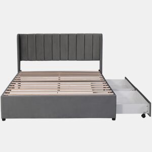 Cama 160x200cm com 2 gavetas - estofo em veludo - estilo moderno - Cinzento