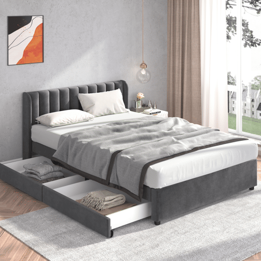 Cama 160x200cm com 2 gavetas - estofo em veludo - estilo moderno - Cinzento
