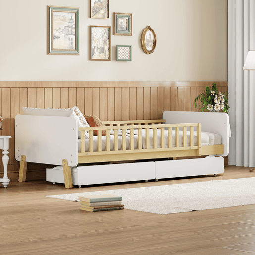 Cama de criança 90x190cm com 2 gavetas - cama individual de madeira maciça com estrado de molas - Branco