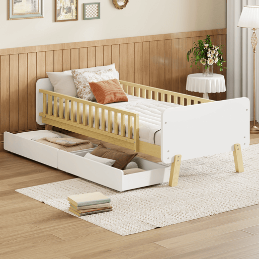 Cama de criança 90x190cm com 2 gavetas - cama individual de madeira maciça com estrado de molas - Branco