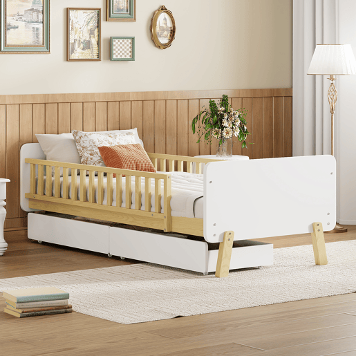 Cama de criança 90x190cm com 2 gavetas - cama individual de madeira maciça com estrado de molas - Branco