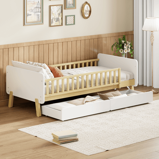Cama de criança 90x190cm com 2 gavetas - cama individual de madeira maciça com estrado de molas - Branco