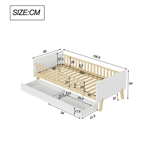 Cama de criança 90x190cm com 2 gavetas - cama individual de madeira maciça com estrado de molas - Branco