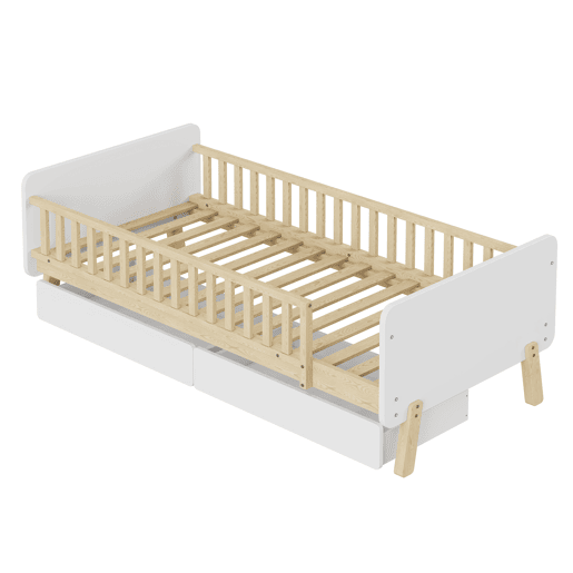 Cama de criança 90x190cm com 2 gavetas - cama individual de madeira maciça com estrado de molas - Branco