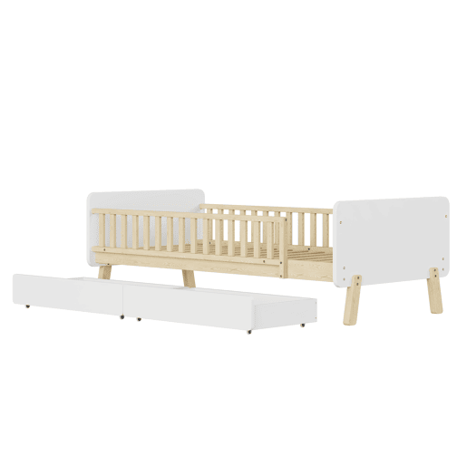 Cama de criança 90x190cm com 2 gavetas - cama individual de madeira maciça com estrado de molas - Branco