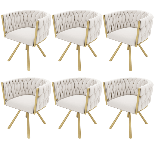 Conjunto de 6 cadeiras giratórias de veludo com braços - pernas de metal dourado - Bege