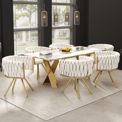 Conjunto de 6 cadeiras giratórias de veludo com braços - pernas de metal dourado - Bege