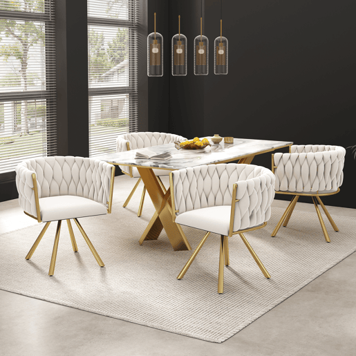 Conjunto de 6 cadeiras giratórias de veludo com braços - pernas de metal dourado - Bege